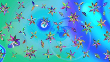 Mavi ve yeşil renkli çiçekler. Düz Çiçek Elementleri Tasarımı. Renkli Bahar Teması eskiz kalıbı. Raster illüstrasyonunda çiçek deseni çizimi.