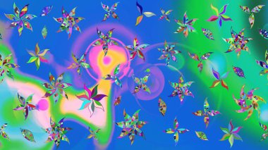 Dallı bahar çiçekleri ile desen, mavi ve yeşil renkler ile çiçek silueti. Raster deseni.