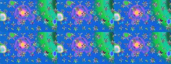 Dallı bahar çiçekleri ile desen, mavi ve yeşil renkler ile çiçek silueti. Raster deseni.