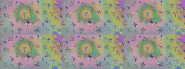 Çiçeksel elementlerle süslenmiş zarif raster dokusu. Küçük çiçekte hoş bir çiçek deseni var. Tarafsız ve parlak çiçekli yeşil renkler üzerine soyut çizim deseni.