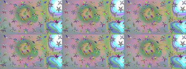 Yapraklı çiçekler ve doğal ve yeşil renklerde papatya çiçekleri. Raster - stok. Taslak arkaplan deseni.