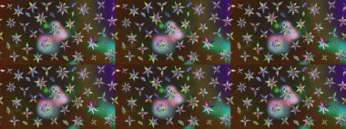 Raster Floral Illustration, Asyalı tekstil. Kahverengi ve yeşil renkli etnik çiçeklerle zarif bir eskiz deseni..