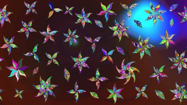 1950-1960 motifleri. Retro tekstil tasarım koleksiyonu. El çizimi çiçek unsurları olan soyut çizim raster deseni. Çiçekli ipek eşarp. Kahverengi ve mavi üzerine kahverengi ve mavi.