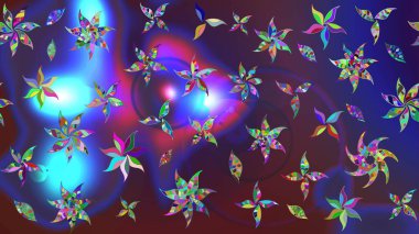 Çiçek desenli çizim. Mor ve mavi renkte çiçekler. Raster illüstrasyonu. Raster illüstrasyonu. Asya tekstil tarzında.