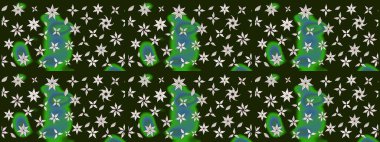 Raster illüstrasyonu. Gri ve yeşil renklerde bahar çiçekleri. Patlayan çiçekler soyut olarak yerleştirilmiş. Raster deseni.