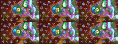 Raster illüstrasyonu. Kahverengi ve yeşil renklerde bahar çiçekleri. Yaprak ve çiçekleri suluboya boya boya, kahverengi ve yeşil renkler üzerine çizim deseni.