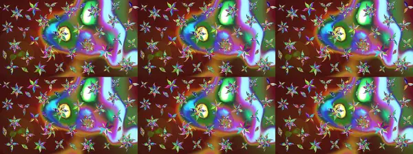 Raster illüstrasyonu. Kahverengi ve yeşil renklerde bahar çiçekleri. Yaprak ve çiçekleri suluboya boya boya, kahverengi ve yeşil renkler üzerine çizim deseni.