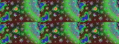 Raster Floral Illustration, Asyalı tekstil. Yeşil ve mavi renkli etnik çiçeklerle zarif bir eskiz deseni.