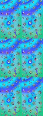 Raster güzel bir çiçek deseni çizmiş. Bahar mevsimi. Tatil havası. Nazik romantik baskı. Mavi ve yeşil renkte çiçekler.