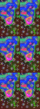 Mavi ve yeşil renkli çiçekler. Düz Çiçek Elementleri Tasarımı. Renkli Bahar Teması eskiz kalıbı. Raster illüstrasyonunda çiçek deseni çizimi.