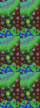 Arkaplan dokusu, duvar kağıdı, yeşil ve mavi renkli çiçek teması. Soyut etnik raster çizim kalıbı. Kabile sanatı boho baskısı, klasik çiçek arkaplanı.