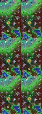 Üst manzara, yumuşak stil. Yeşil ve mavi renkte manzaralı çiçek deseni. Sevgililer günü ve tebrik kartı konsepti için şık bir davetiye. Çiçek kompozisyonu, el boyası, hassas şablon..