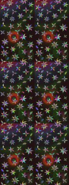 Moda baskıları için zarif bir şablon. Modern çiçek arkaplanı. Parlak renkli çiçekleri ve gri ve kahverengi renkte yaprakları olan harika bir çiçek deseni. Halk stili.