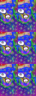 Suluboya elle çizilmiş çiçek desenli eskiz deseni. Parlak renkli fantezi çiçekleri, yapraklar, mavi ve mor renkli tomurcuklar.