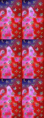 Renkli Bahar Teması eskiz kalıbı. Asya tekstil tarzında. Düz Çiçek Elementleri Tasarımı. Çiçek desenli çizim. Kırmızı ve pembe renkte çiçekler. Raster illüstrasyonu.