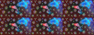 Arkaplan dokusu, duvar kağıdı, mor ve mavi renkli çiçek teması. Soyut etnik raster çizim kalıbı. Kabile sanatı boho baskısı, klasik çiçek arkaplanı.