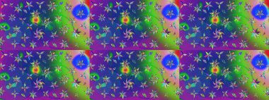 Raster illüstrasyonu. Çiçek deseni. Mavi ve yeşil renkte çiçek çizimi. Şatafatlı bahar bahçesi dokusu. Mavi ve yeşil renkte çiçekler.