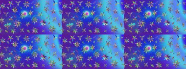 Düz Çiçek Elementleri Tasarım Raster illüstrasyonu. Mavi ve mor renkli çiçekler. Çiçek desenli eskiz. Renkli Bahar Teması çizim şablonu.