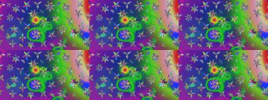 Şirin çiçekli eskiz deseni ve yeşil ve mavi renkli yapraklar, suluboya çiçek deseni, duvar kağıdı, kart ya da kumaş için fayanslı. Raster illüstrasyonu.