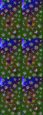 Raster illüstrasyonundaki çiçek desenli çizim. Yeşil ve mavi renkte çiçekler. Renkli Bahar Teması eskiz kalıbı. Düz Çiçek Elementleri Tasarımı.