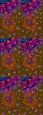 Çiçek deseni. Kahverengi ve mor renkli çiçek çizimi. Şatafatlı bahar bahçesi dokusu. Raster illüstrasyonu. Kahverengi ve mor renkte çiçekler.