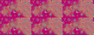 Elle çizilmiş çiçek desenli Raster çizimi. Tekstil, kumaş, ambalaj, hatıra defteri için hoş bir çiçek arkaplanı. Çocuksu tasarım. Pembe ve morumsu arkaplanda.