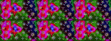 Yapraklı çiçekler ve yeşil ve kırmızı renkte papatya çiçekleri. Eskiz arkaplan modeli. Raster - stok.