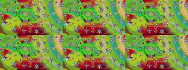 Raster illüstrasyonundaki çiçek desenli çizim. Yeşil ve kırmızı renkte çiçekler.