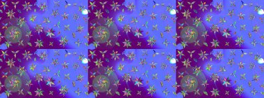 Mor ve mor renkli küçük çiçekler menekşe ve mor renkli komik böcekler, raster desen, illüstrasyon.