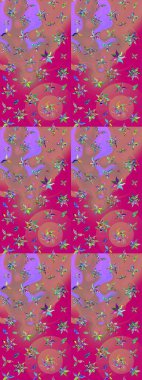 Yapraklı çiçekler ve papatya çiçekleri pembe ve morumsu renklerde. Eskiz arkaplan modeli. Raster - stok.