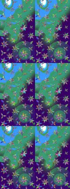 Küçük mavi ve yeşil renkte güzel bir besin torbası deseni, çiçekler. Millefleur 'lar. Tekstil, kumaş, kapaklar, duvar kağıtları, baskı, paket, koleksiyon defteri, örgü, dekupaj için çiçek arkaplanı..