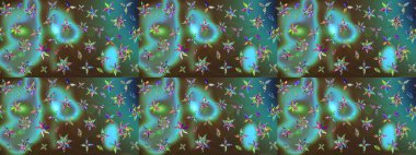 Raster düz çiçek çizim deseni. Hediye ambalaj kağıdı, tebrik kartları, posterler ve pankart tasarımı. Yeşil ve mavi renkte çiçekler.