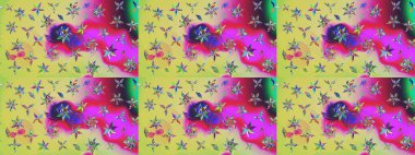 Çiçeksel çizim kalıbının yansıması. Tarafsız ve mor renkli vadilerin çiçekleri.