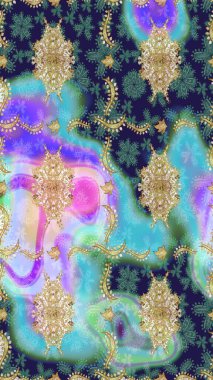 Barok tarzında eskiz oryantal süsü. Raster oryantal süs. Geleneksel klasik altın desen. Altın elementlerle mavi renklerde altın desen.