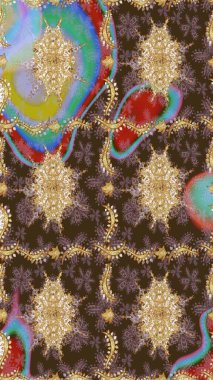 Süslü dekorasyon. Damask altın soyut çiçek deseni kahverengi renklerde. Raster illüstrasyonu.