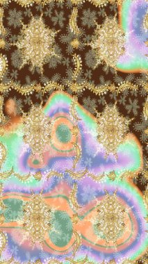 Süslü raster dekorasyonu. Barok tarzında duvar kâğıdı tasarımı için eskiz şablonu arka planı. Altın elementlerle nötr renklerde altın desen.