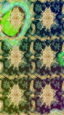 Kraliyet lüksü, altın barok kumaş rengi eskiz. Raster eskiz deseni altın antika ortaçağ dekoratifi, yapraklar ve yeşil renkli altın desenli süslemeler..