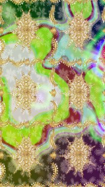 Raster illüstrasyonu. Damask altın soyut çiçek deseni nötr renklerde. Süsleme.