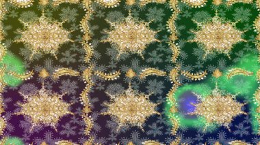 Süslü raster dekorasyonu. Altın elementlerle yeşil renklerde altın desen. Barok biçiminde duvar kağıdı tasarımı için şablon çizimi arkaplanı.