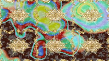 Raster illüstrasyonu. Kahverengi renkli ve altın elementli klasik eskiz deseni.