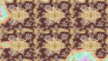 Altın şablon. Kahverengi renkte Royal retro. Raster illüstrasyonu. Eskiz kalıbı altın elementler. Klasik çiçek dokusu. Kart, duvar kağıdı, ambalaj, tekstil için klasik tasarım.