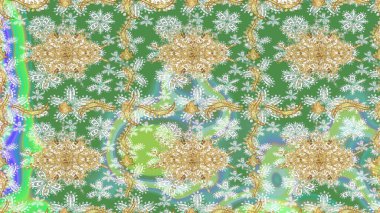 Altın karalama fantezi yapraklarından ve yeşil renkli çiçeklerden Raster soyut çiçek çelengi. El yapımı dekoratif çerçeve, albüm kapağı, tebrik kartı, klasik Art deco tarzı.