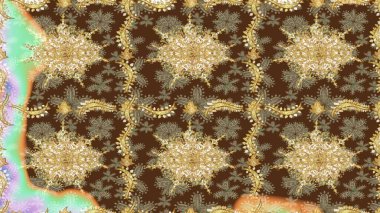 Kahverengi renkte Royal retro. Raster illüstrasyonu. Klasik çiçek dokusu. Kart, duvar kağıdı, ambalaj ve tekstil için klasik tasarım. Altın şablon. Çizim kalıbı altın elementler.