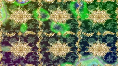 Kına dövmeli süs çiçekleri, altın çıkartmalar, mehndi ve yoga tasarımı, kartlar ve parmak izleri. Raster Golden Mehndi eskiz kalıbı. Yeşil renkte desen.