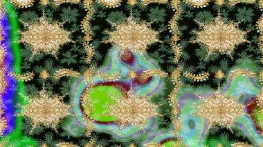 Raster oryantal süs. Altın elementlerle yeşil renklerde altın desen. Altın deseni çiz.