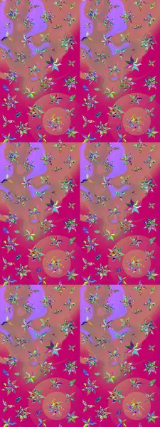 Yapraklı çiçekler ve papatya çiçekleri pembe ve morumsu renklerde. Eskiz arkaplan modeli. Raster - stok.