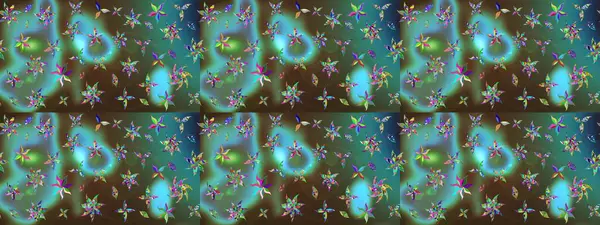 Raster düz çiçek çizim deseni. Hediye ambalaj kağıdı, tebrik kartları, posterler ve pankart tasarımı. Yeşil ve mavi renkte çiçekler.