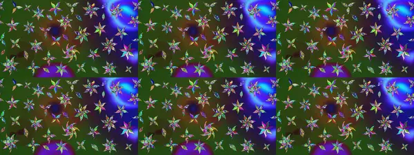 Çiçek deseni. Yeşil ve mavi renkte çiçek çizimi. Şatafatlı bahar bahçesi dokusu. Raster illüstrasyonu. Yeşil ve mavi renkte çiçekler.