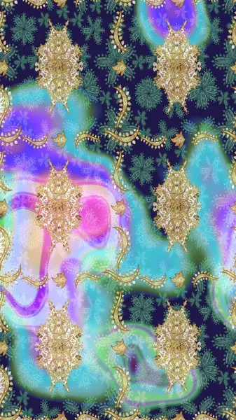 Barok tarzında eskiz oryantal süsü. Raster oryantal süs. Geleneksel klasik altın desen. Altın elementlerle mavi renklerde altın desen.