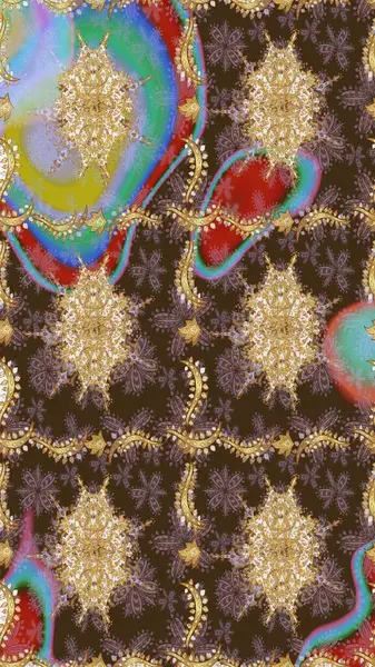 Süslü dekorasyon. Damask altın soyut çiçek deseni kahverengi renklerde. Raster illüstrasyonu.